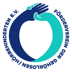 Das Logo zeigt zwei Arme, die sich kreisförmig die Hand geben. Eine Hand ist türkis, eine ist dunkelblau. Außen steht der Name des Fördervereins.